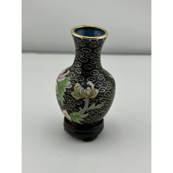 Vintage Mini Chinese Enameled Cloisonne Vase w/ Stand 3 inch Black Pink Lotus - Picture 3 of 7